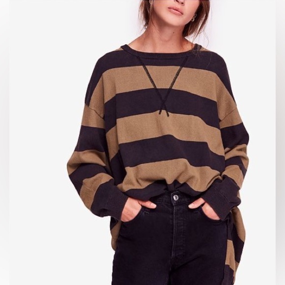 Free People Tops - Free People Oversized Hi Low Striped Surfin on Your Stripes Knit Top Moss XS